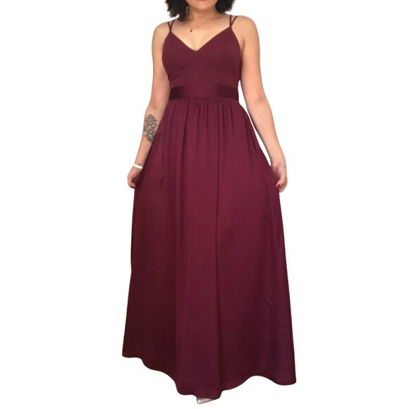 EUC Burgundy Wine Double Strap V-Neck Charmeuse Bride's Maid Dress Gown - Picture 2 of 10